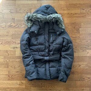 Abercrombie Women Parka Ski Jacket Coat S Winter Brown Puffer Fur Hood Belt VTG